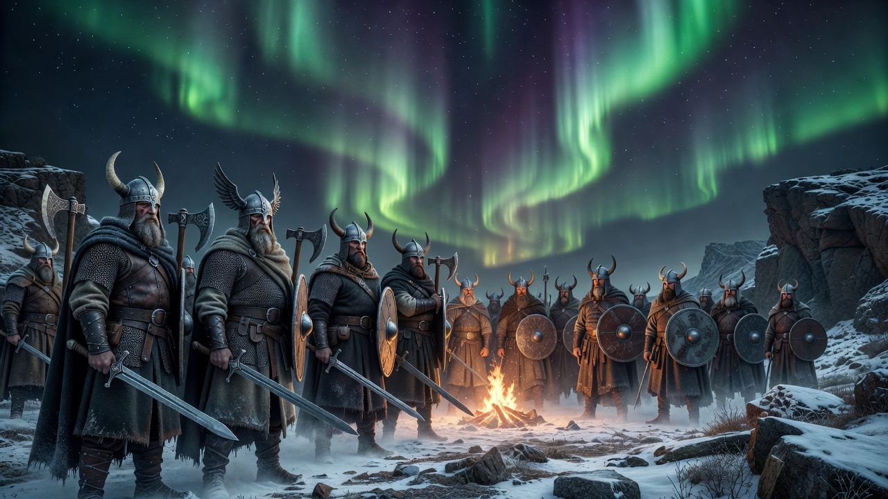 Ancient Nordic warriors gathered beneath celestial skies