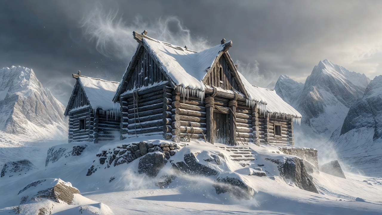 Ancient Viking stronghold amidst frozen nordic mountains representing our company foundation