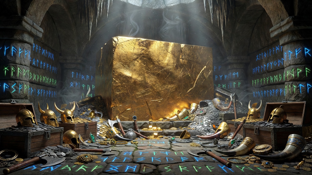 Massive golden Viking vault surrounded by glowing runes and ancient treasures
