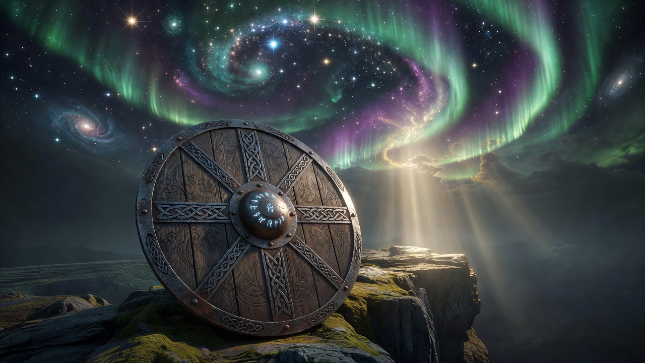 Mystical Viking shield and celestial sky representing Valhalla